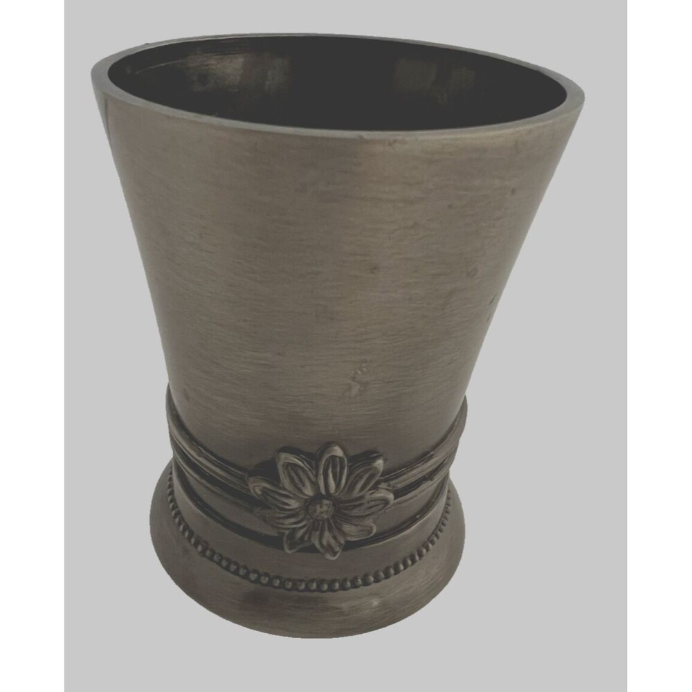 Pewter Finish Metal Bathroom Tumbler Wastebasket Floral Relief‎ Beaded Trim Gray